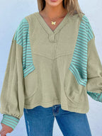 Sarah Express Women's Exposed Seam Waffle Striped Patchwork Baggy Blouse Sage