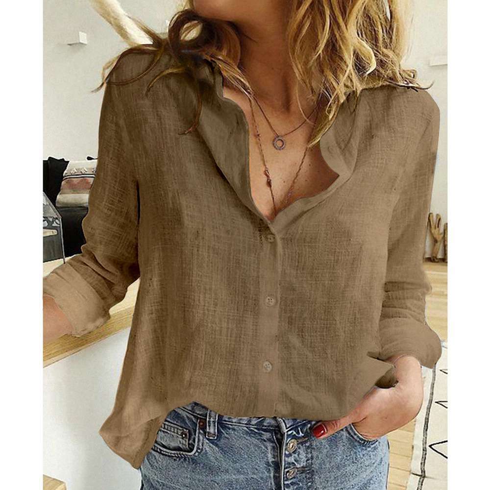 Women's Cotton Linen Button Up Shirt Long Sleeve Lapel Collar Classic Blouse Top