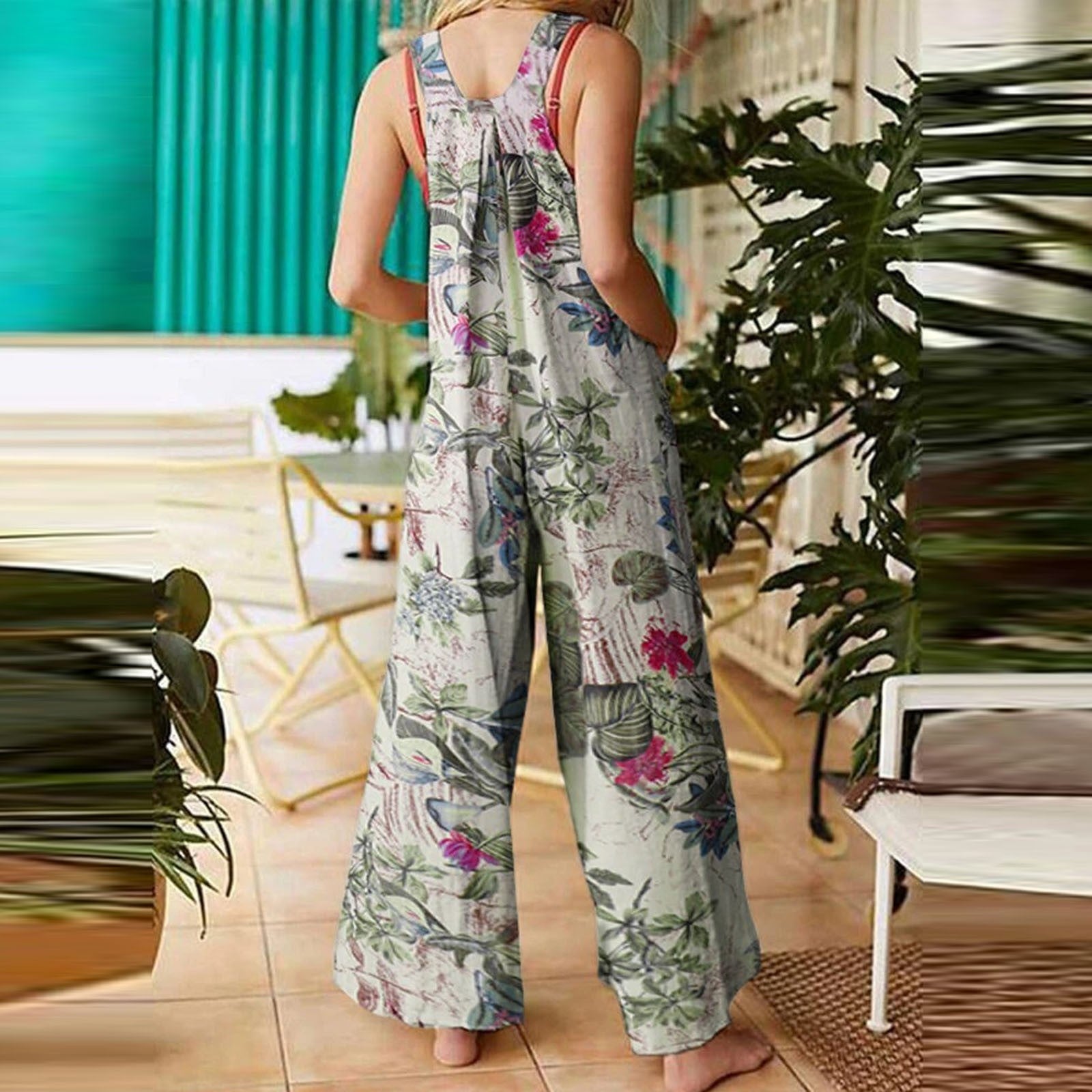 Women's Patchwork Printed Button Suspender Jumpsuit Loose Fit Cotton Blend Casual Overall