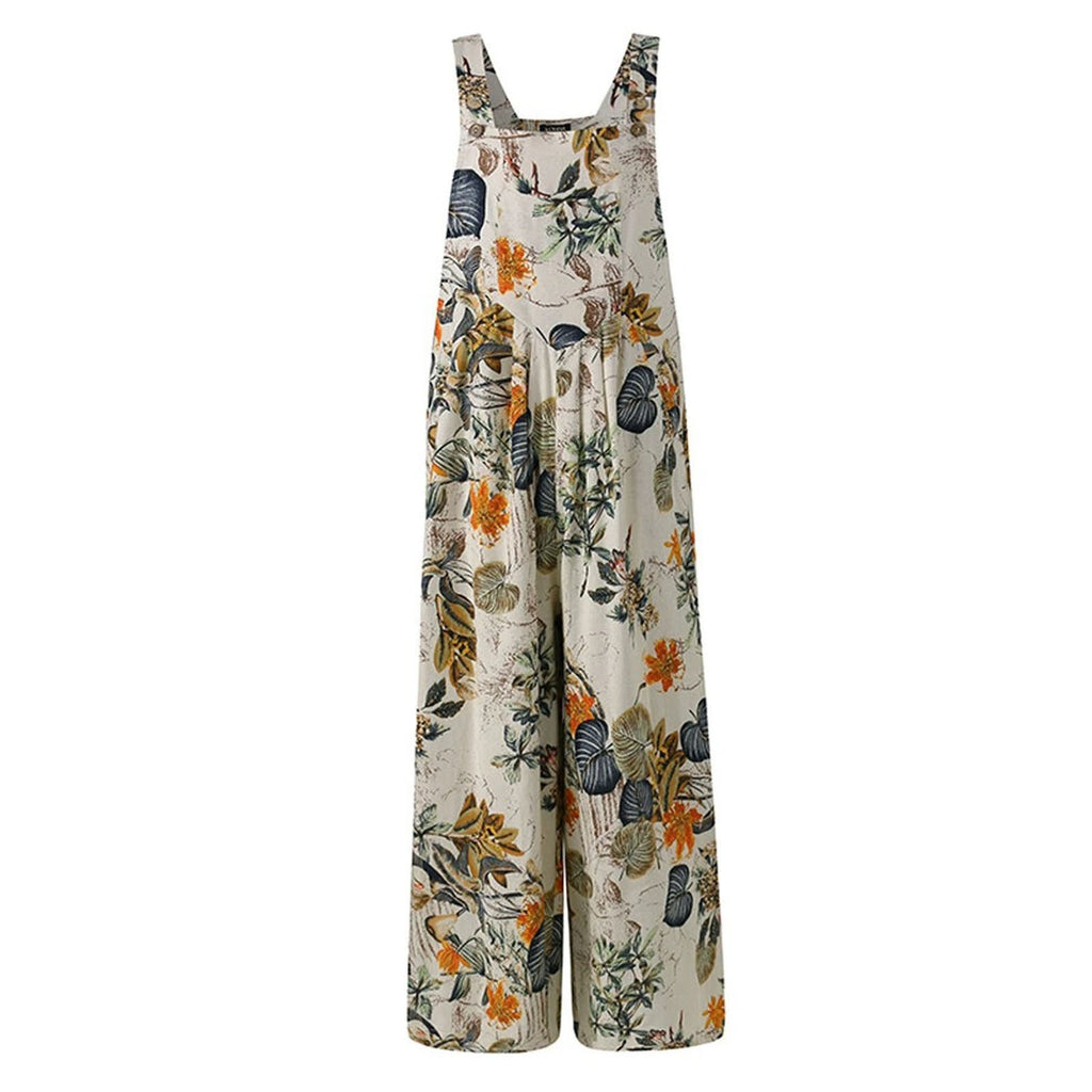 Women's Patchwork Printed Button Suspender Jumpsuit Loose Fit Cotton Blend Casual Overall
