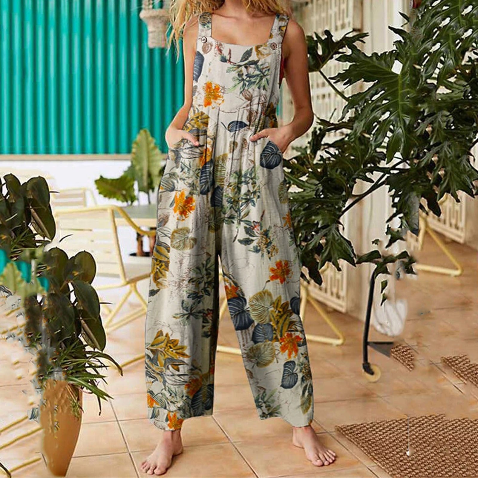 Women's Patchwork Printed Button Suspender Jumpsuit Loose Fit Cotton Blend Casual Overall