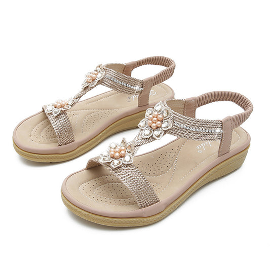 Sarah Express Women's Boho Flat Rhinestone Flower Sandals | Microfiber Open-Toe Back-Strap