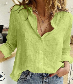 Women's Cotton Linen Button Up Shirt Long Sleeve Lapel Collar Classic Blouse Top