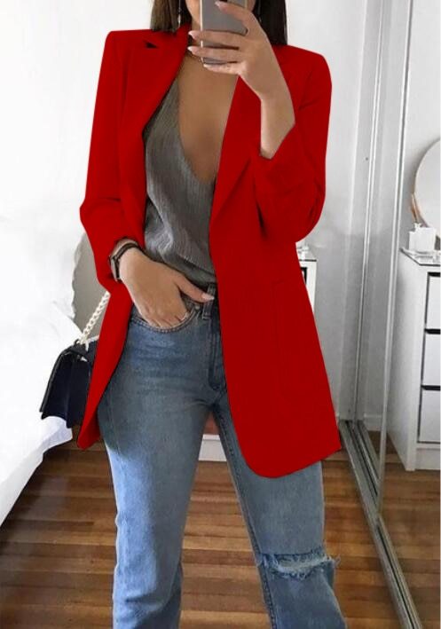 Women's Lapel Blazer Cardigan Slim Fit Long Sleeve - Work Office Professional Medium Length