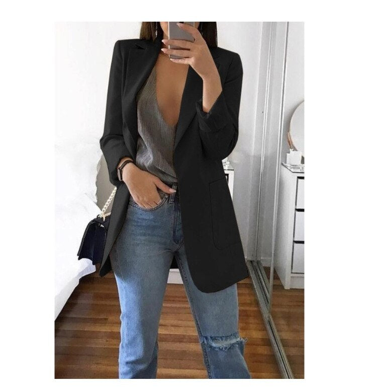 Women's Lapel Blazer Cardigan Slim Fit Long Sleeve - Work Office Professional Medium Length