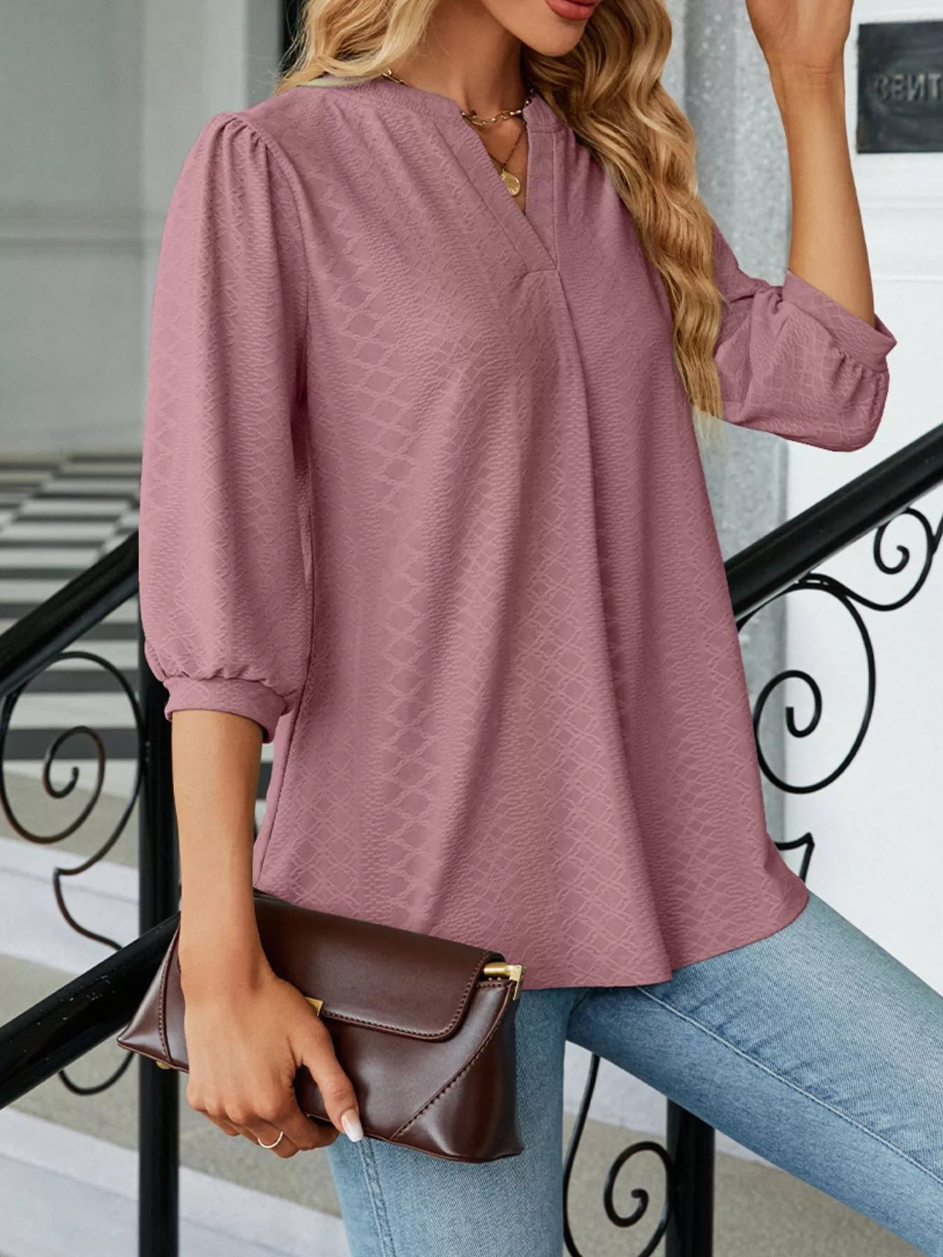 Sarah Express Women's Notched 3/4 Sleeve Casual Top
