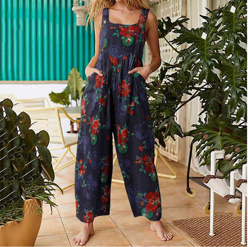 Women's Patchwork Printed Button Suspender Jumpsuit Loose Fit Cotton Blend Casual Overall