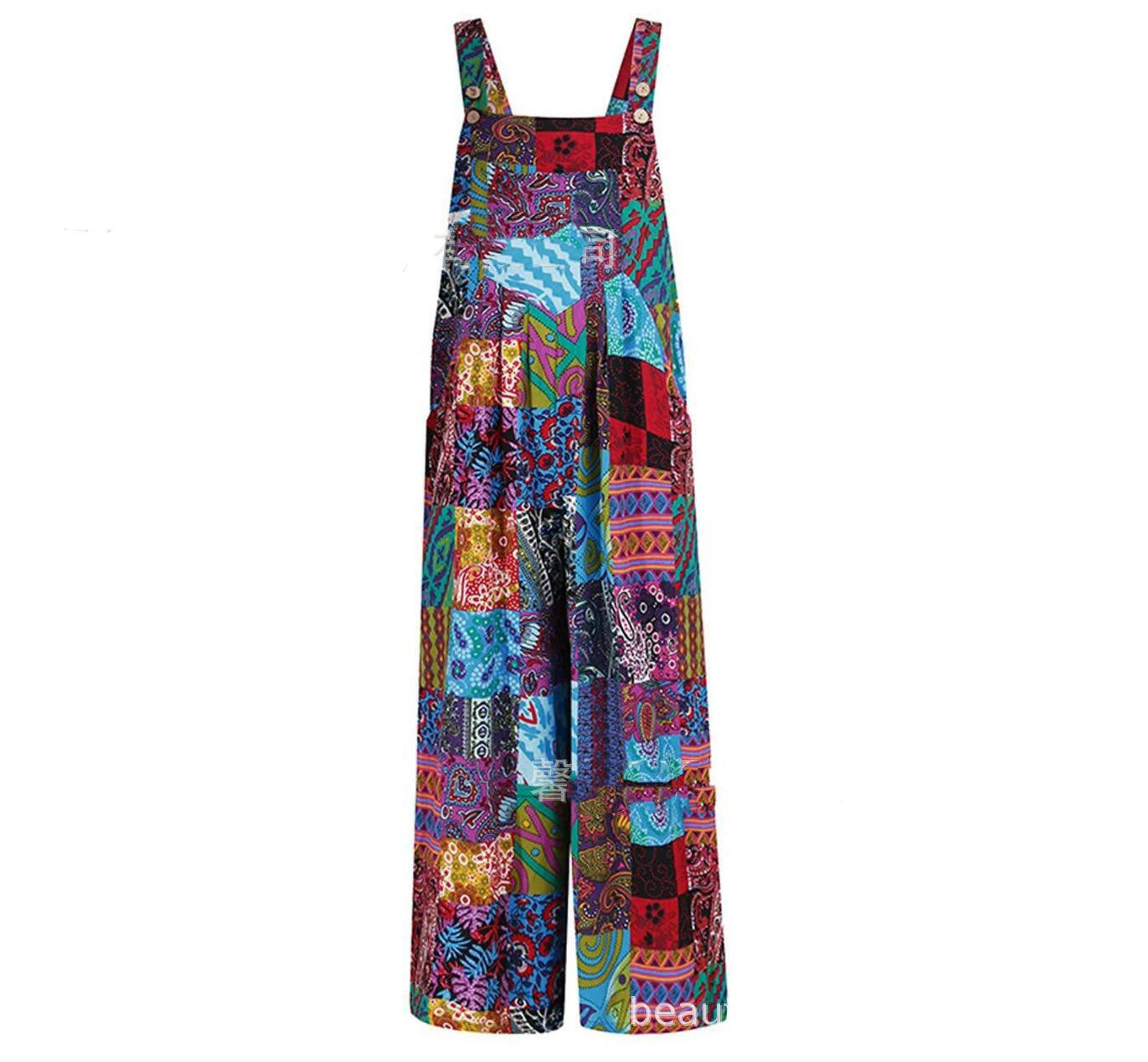 Women's Patchwork Printed Button Suspender Jumpsuit Loose Fit Cotton Blend Casual Overall
