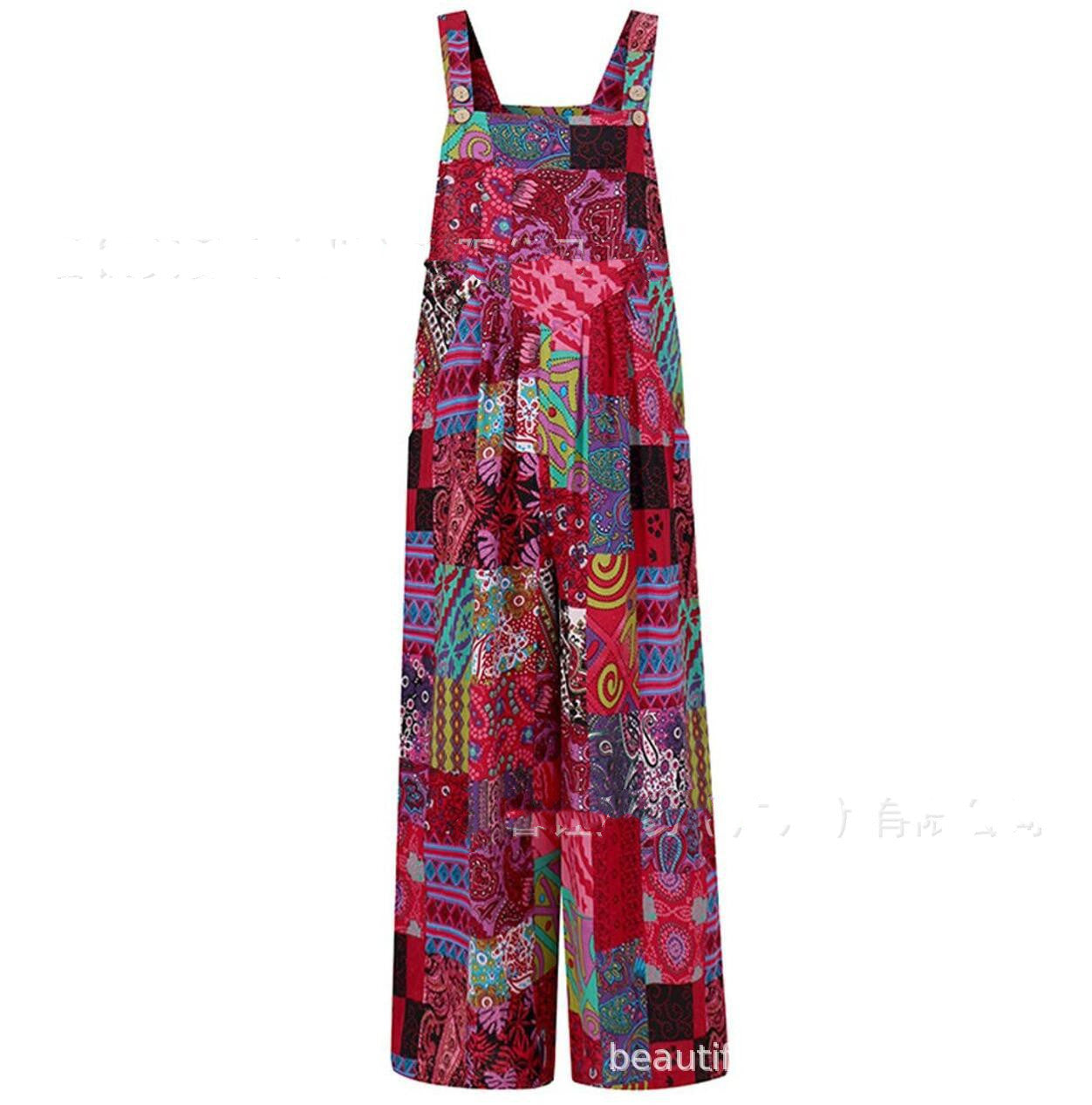Women's Patchwork Printed Button Suspender Jumpsuit Loose Fit Cotton Blend Casual Overall