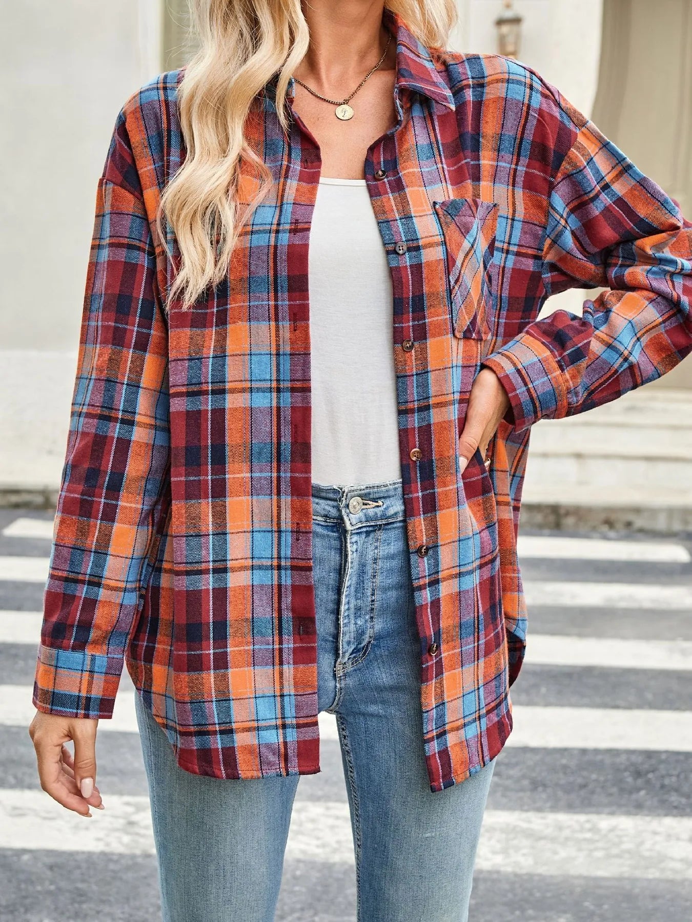 Sarah Express Women's Plaid Button Up Long Sleeve Shirt - Oversized Casual Top Red