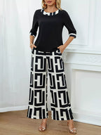 Sarah Express Women's Round Neck Top and Wide Leg Pants Set - Two Piece Outfit White