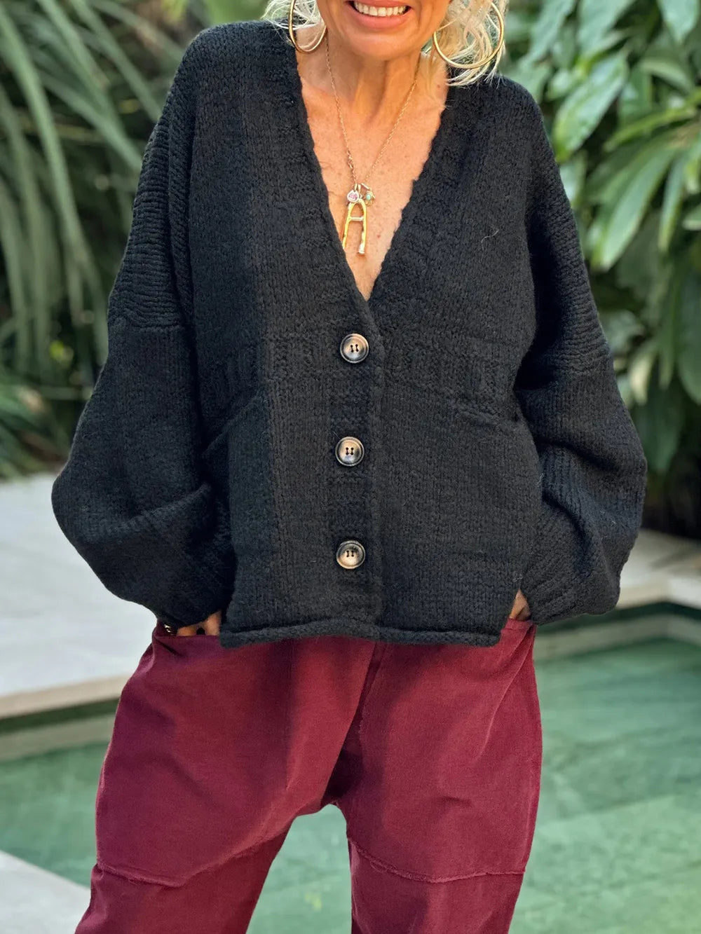 Sarah Express Women's Pocketed V-Neck Button Up Cardigan