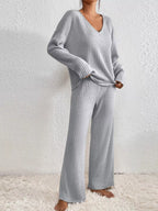 Sarah Express Women's Ribbed V-Neck Top and Pants Lounge Set - Two Piece Outfit