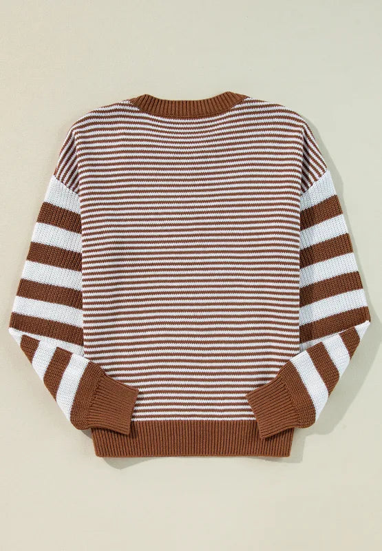 Sarah Express Women's Striped Round Neck Dropped Shoulder Sweater