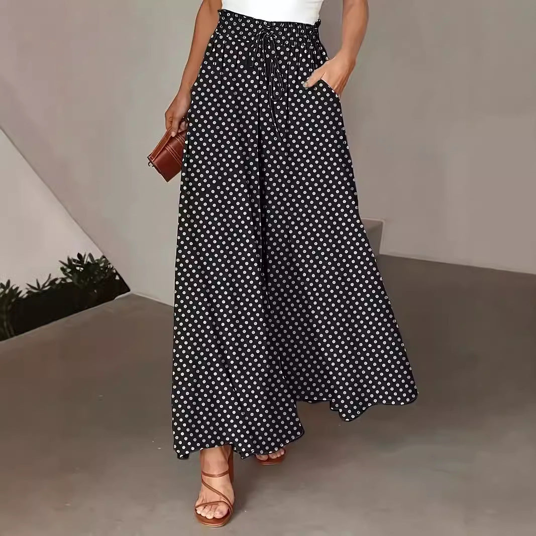 Women's Polka Dot Wide-Leg Pants Elastic Waist Loose Fit Casual Trousers