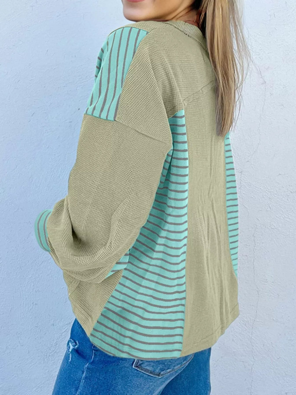 Sarah Express Women's Exposed Seam Waffle Striped Patchwork Baggy Blouse