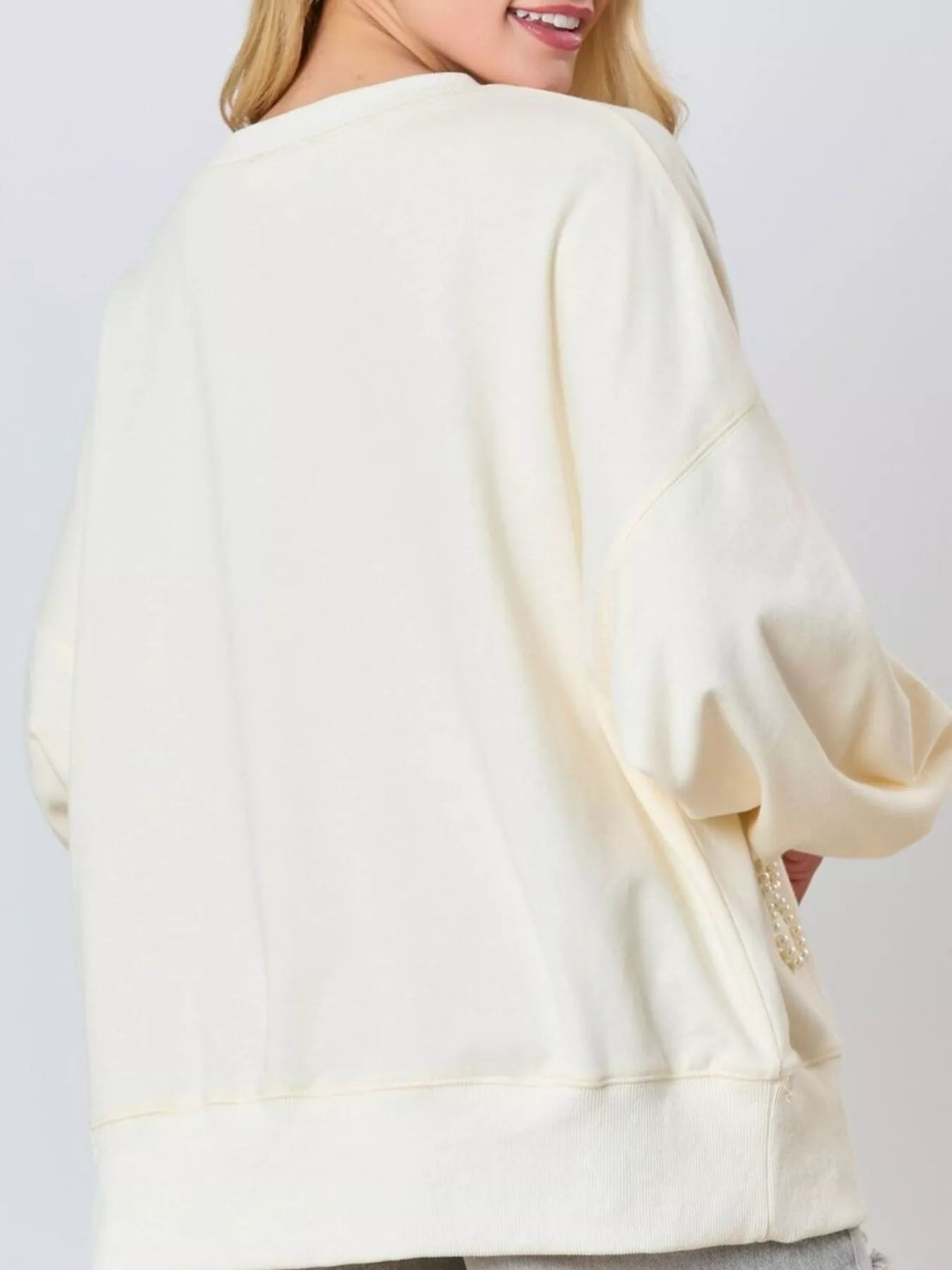 Sarah Express Women's Pearl Embellished Bow Long Sleeve Sweatshirt