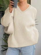 Sarah Express Women's V-Neck Long Sleeve Sweater - Oversized Ribbed Knit Pullover