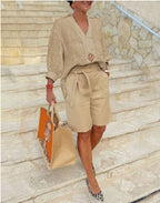 Women's Cotton Linen Half Sleeve Top and Capri Pants Two-Piece Casual Set