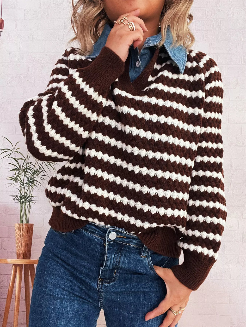 Sarah Express Women's Contrast Striped Sweater with Denim Collar - Openwork Knit Pullover