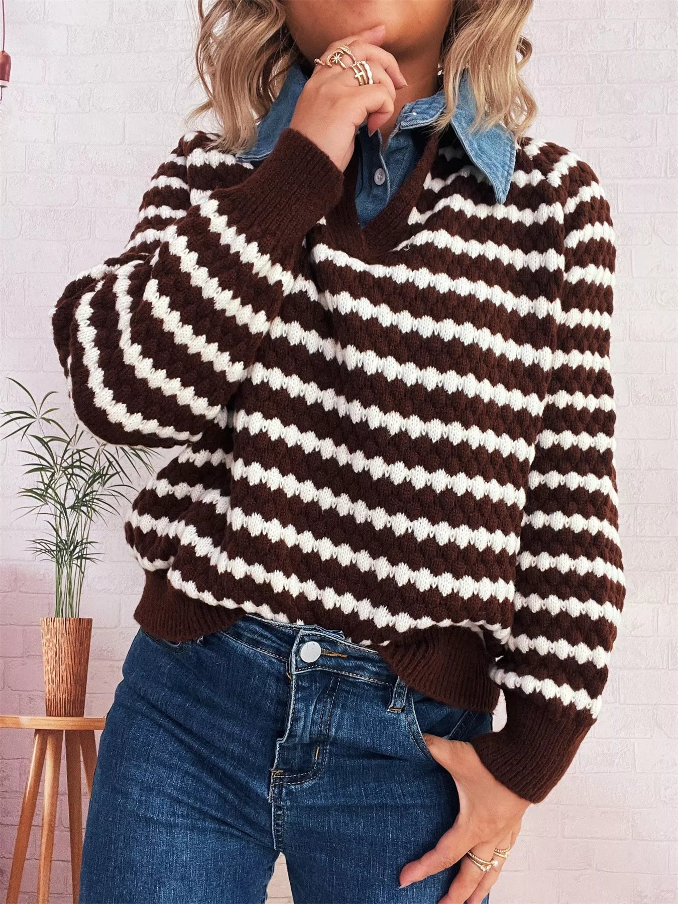 Sarah Express Women's Contrast Striped Sweater with Denim Collar - Openwork Knit Pullover