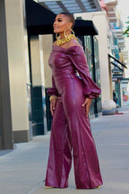 Women's Leather Accent 2-Piece Suit Set Wine Red