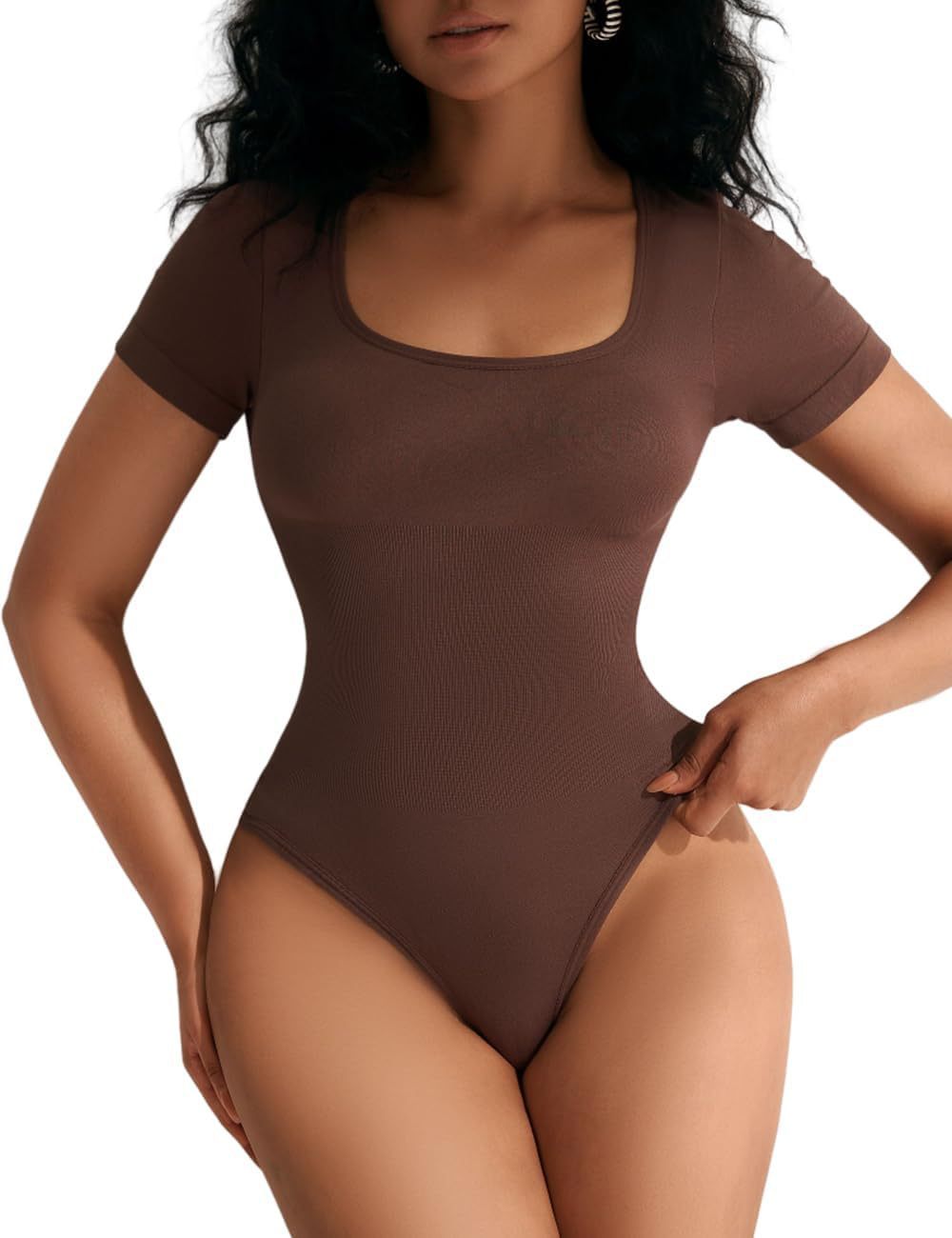 Women's Square Neck Cinched Waist Seamless Bodysuit - Shaping Short Sleeve Top