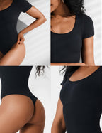 Women's Square Neck Cinched Waist Seamless Bodysuit - Shaping Short Sleeve Top