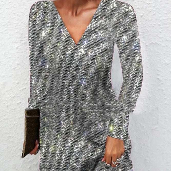 Women's Sequined V-Neck Mini Dress Long Sleeve Elegant Party Cocktail