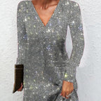 Women's Sequined V-Neck Mini Dress Long Sleeve Elegant Party Cocktail
