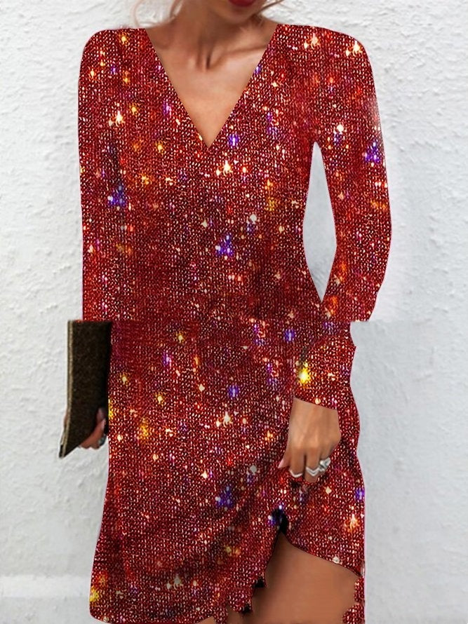 Women's Sequined V-Neck Mini Dress Long Sleeve Elegant Party Cocktail