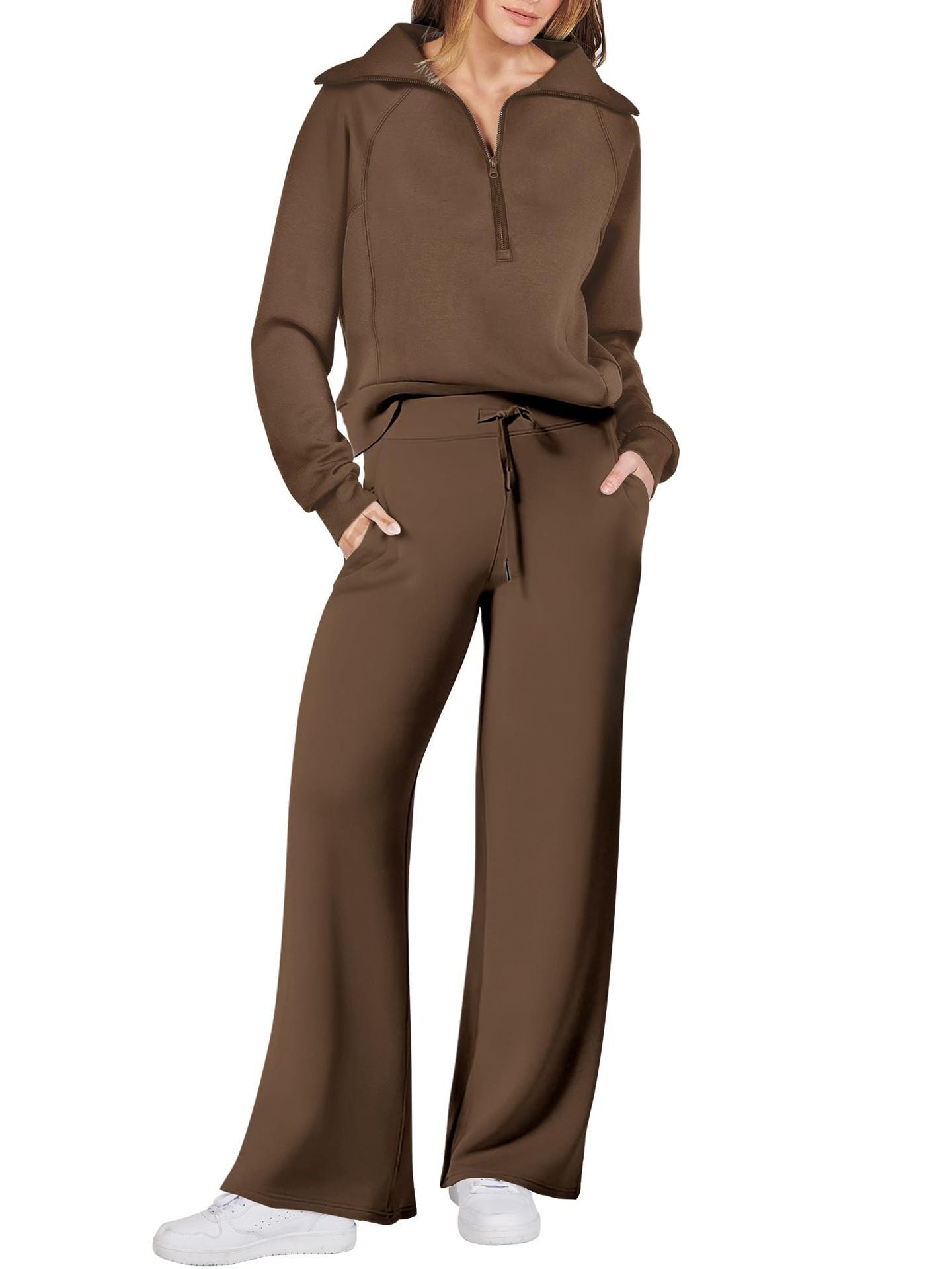 Women's Long Sleeve Zipper Sweatshirt and Wide-Leg Pants Athleisure Set
