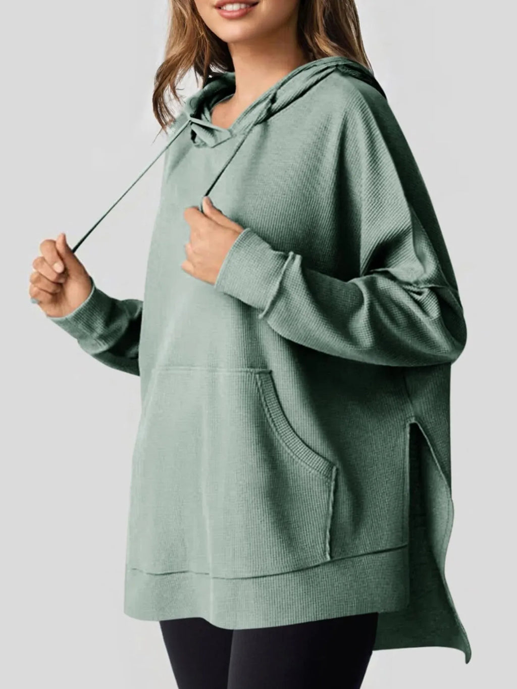 Sarah Express Women's Slit Drawstring Waffle Knit Hoodie