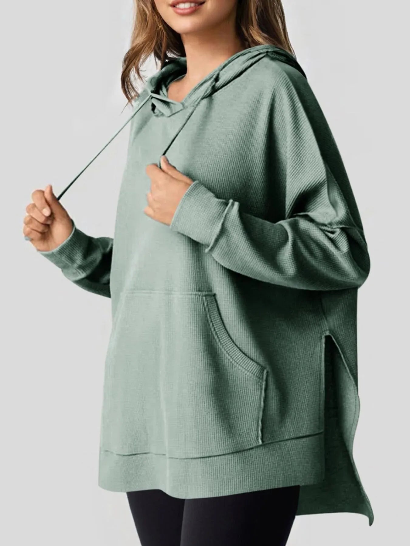 Sarah Express Women's Slit Drawstring Waffle Knit Hoodie