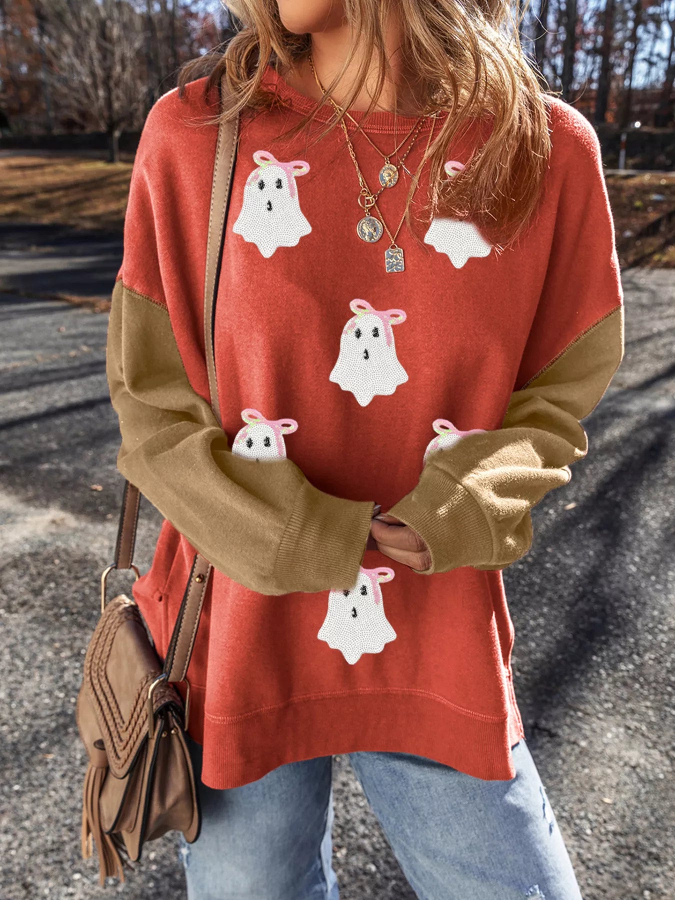 Sarah Express Women's Halloween Glitter Ghost Patched Color Block Sweatshirt