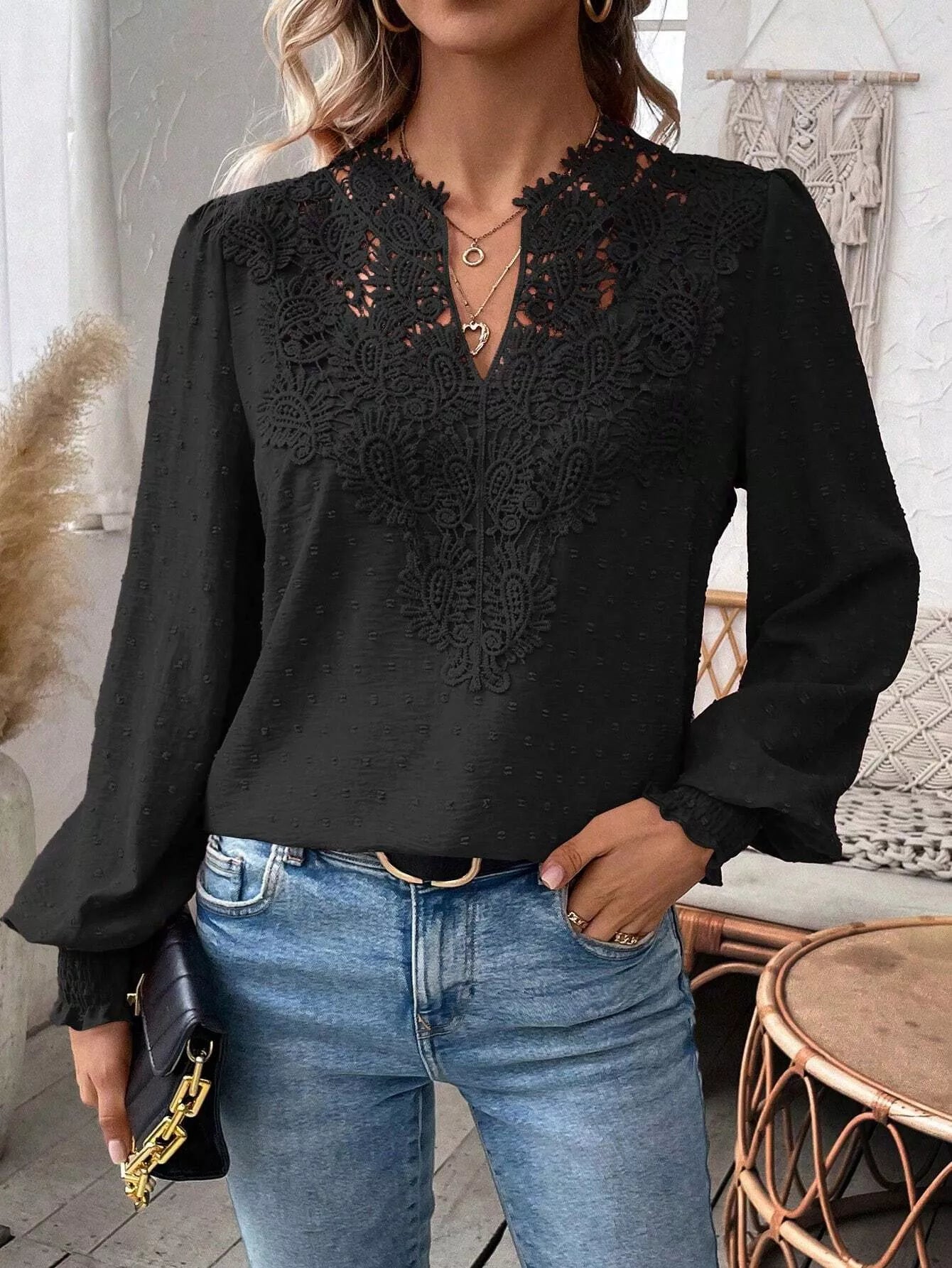 Sarah Express Women's Lace Trim Long Sleeve Blouse Black