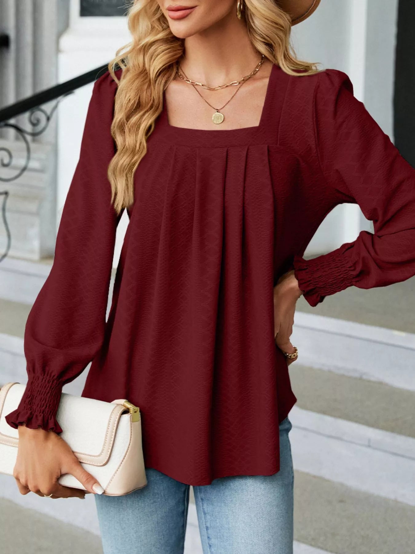 Sarah Express Women's Pleated Square Neck Long Sleeve Top Burgundy