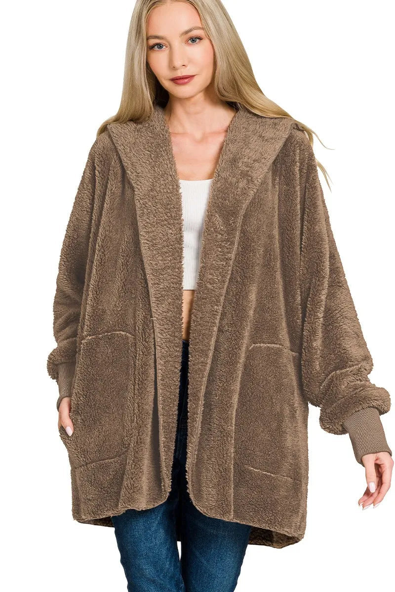 Sarah Express Women’s Oversized Hooded Faux Fur Jacket with Pockets