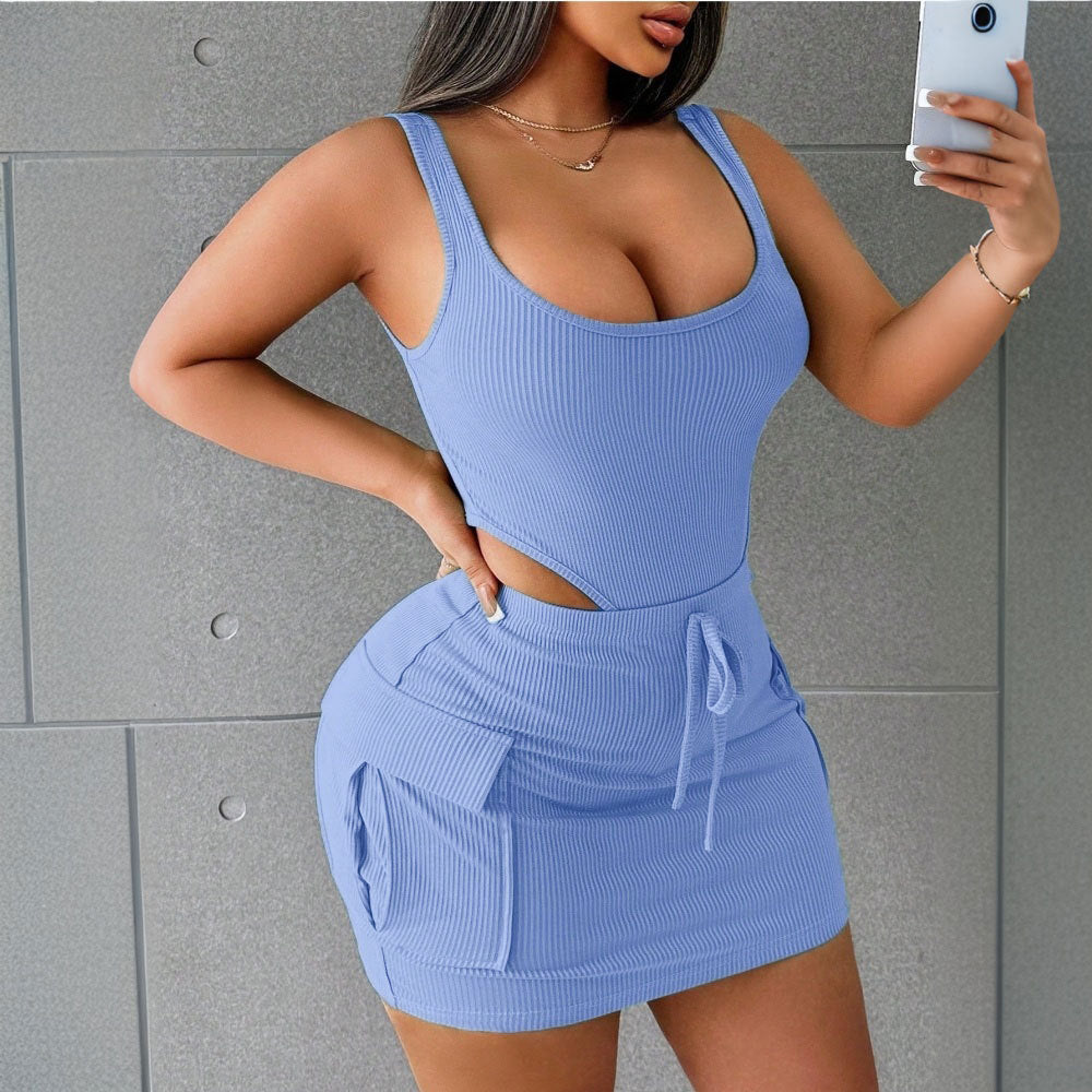 Women's Sleeveless Denim Jumpsuit with Skirt Overlay Two-Piece Set