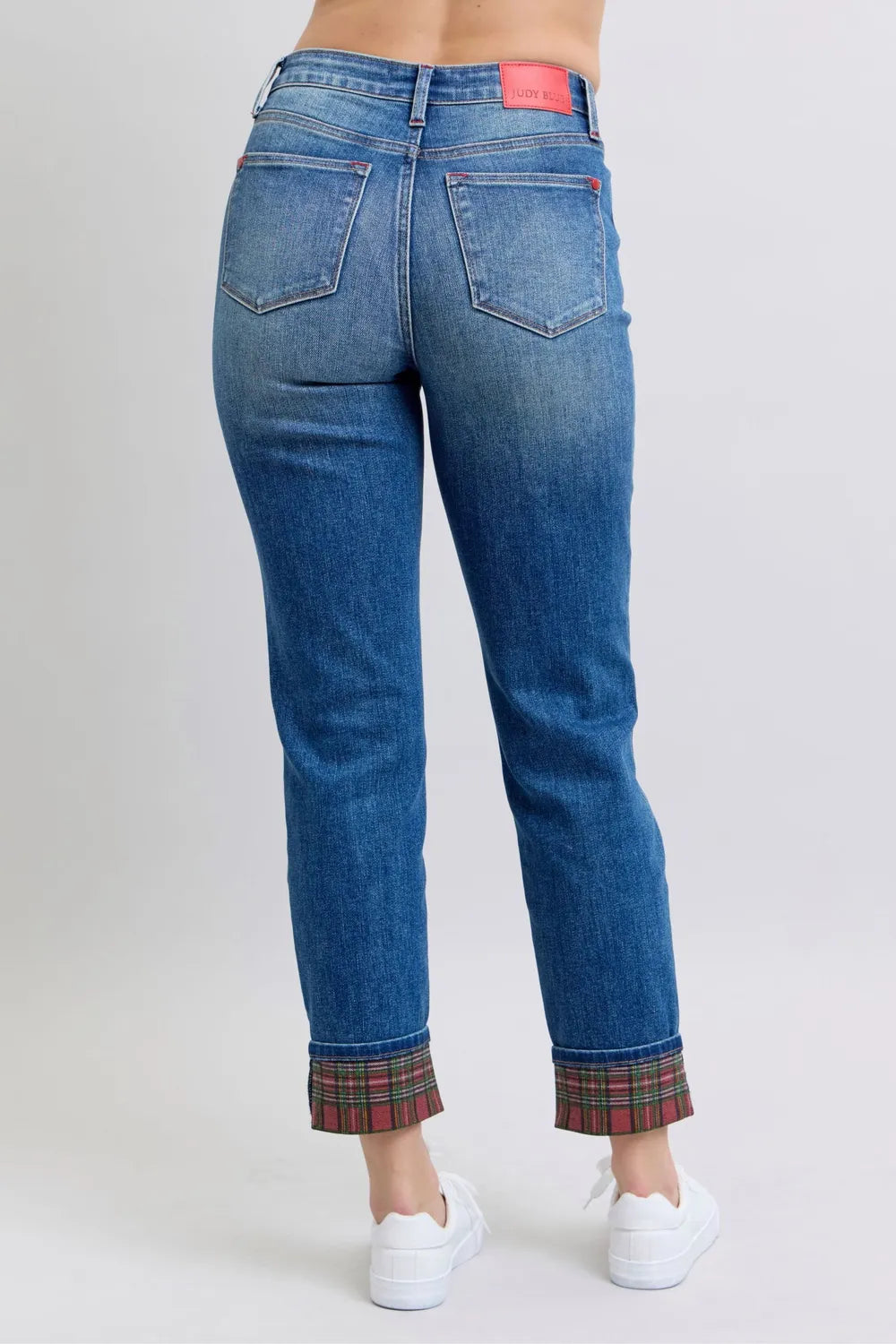 Sarah Express Women’s Plus Size Straight Leg Jeans with Plaid Cuff
