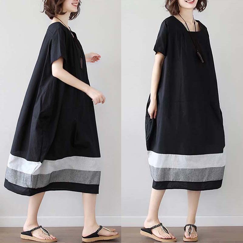 Women's Cotton Linen Midi Dress Short Sleeve Color Block - Casual Plus Size One Size Black