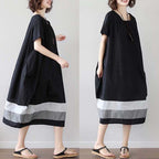Women's Cotton Linen Midi Dress Short Sleeve Color Block - Casual Plus Size One Size Black