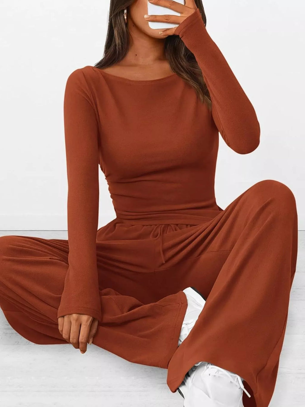 Sarah Express Women's Long Sleeve Top and Wide Leg Pants Set - Two Piece Outfit