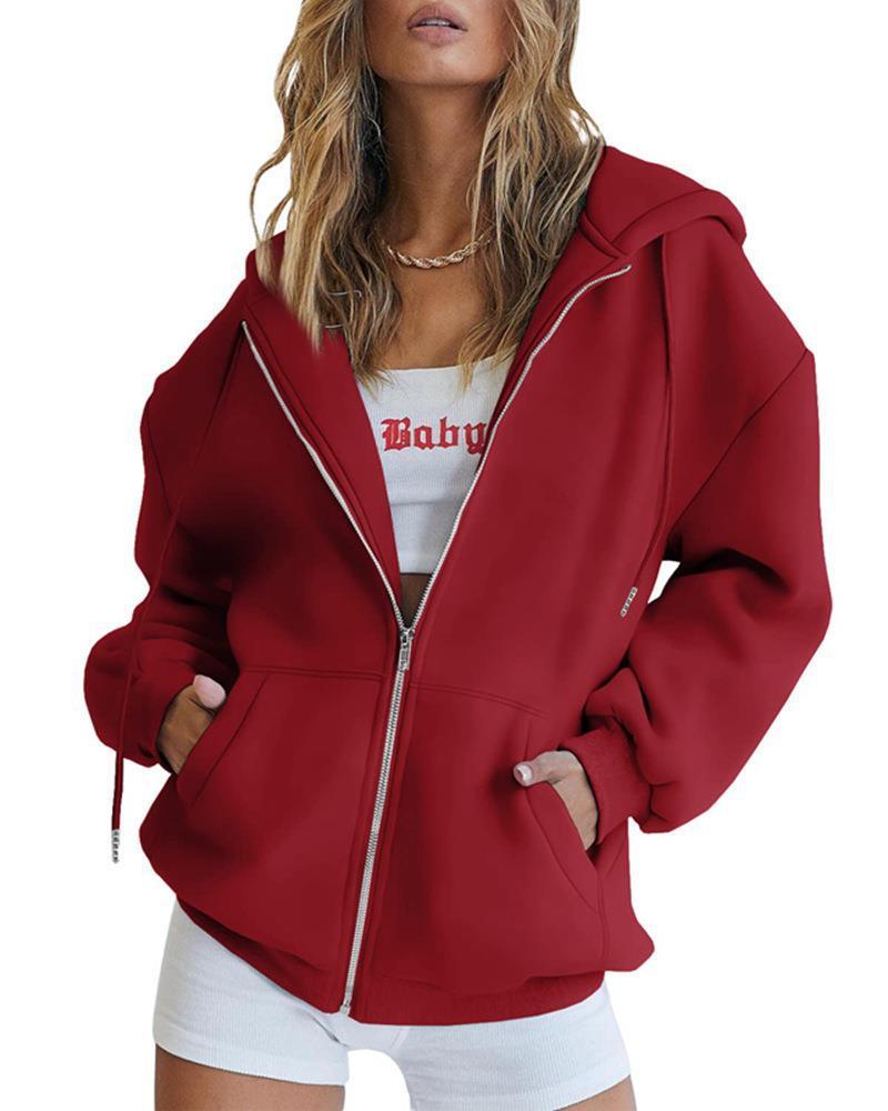 Women's Zip Up Hoodie Solid Color Drawstring Sweatshirt Casual Long Sleeve Fall Winter Top