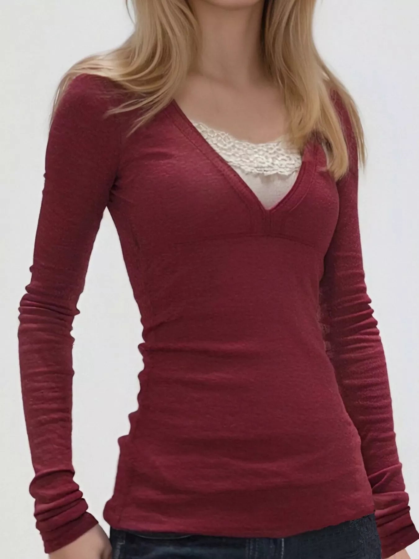 Sarah Express Women's Long Sleeve T-Shirt with Lace Detail Deep Red