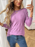 Sarah Express Women's Round Neck Long Sleeve Knit Top - Ribbed Stretch Casual Pullover