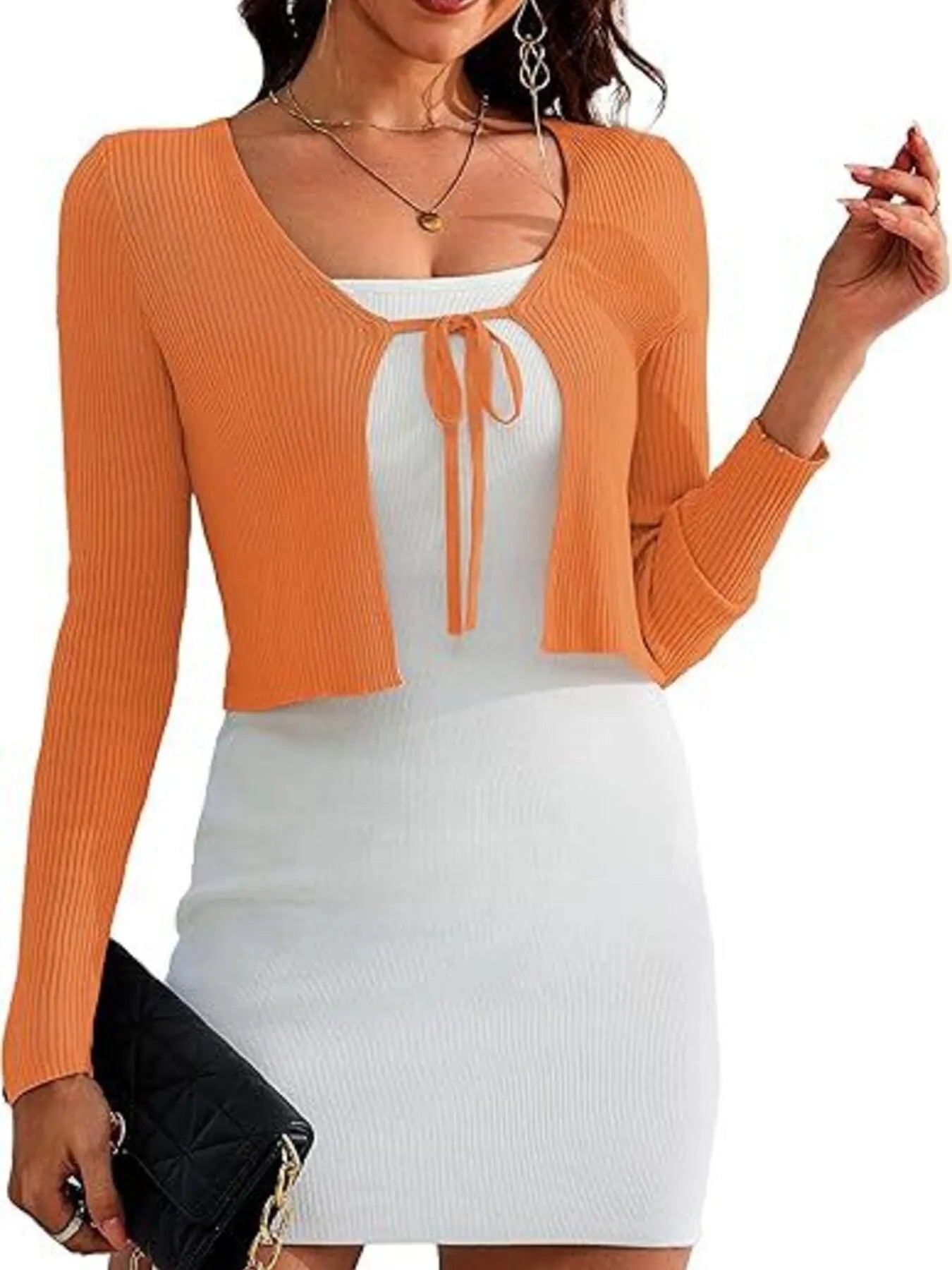 Sarah Express Women's Tie-Front Long Sleeve Cardigan Orange
