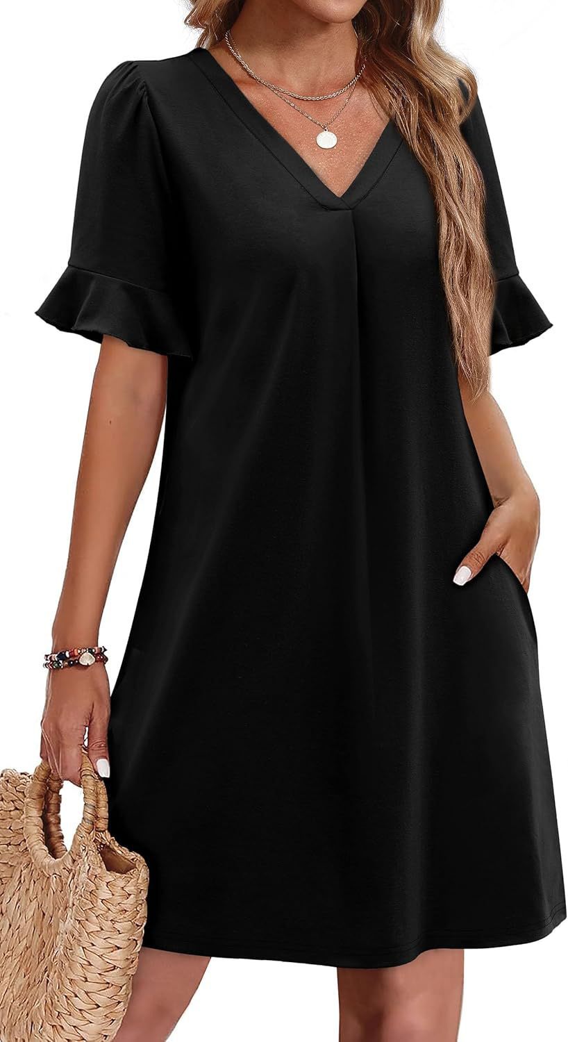 Women's V-Neck Ruffled A-Line Dress with Pockets Vacation Casual Short Sleeve
