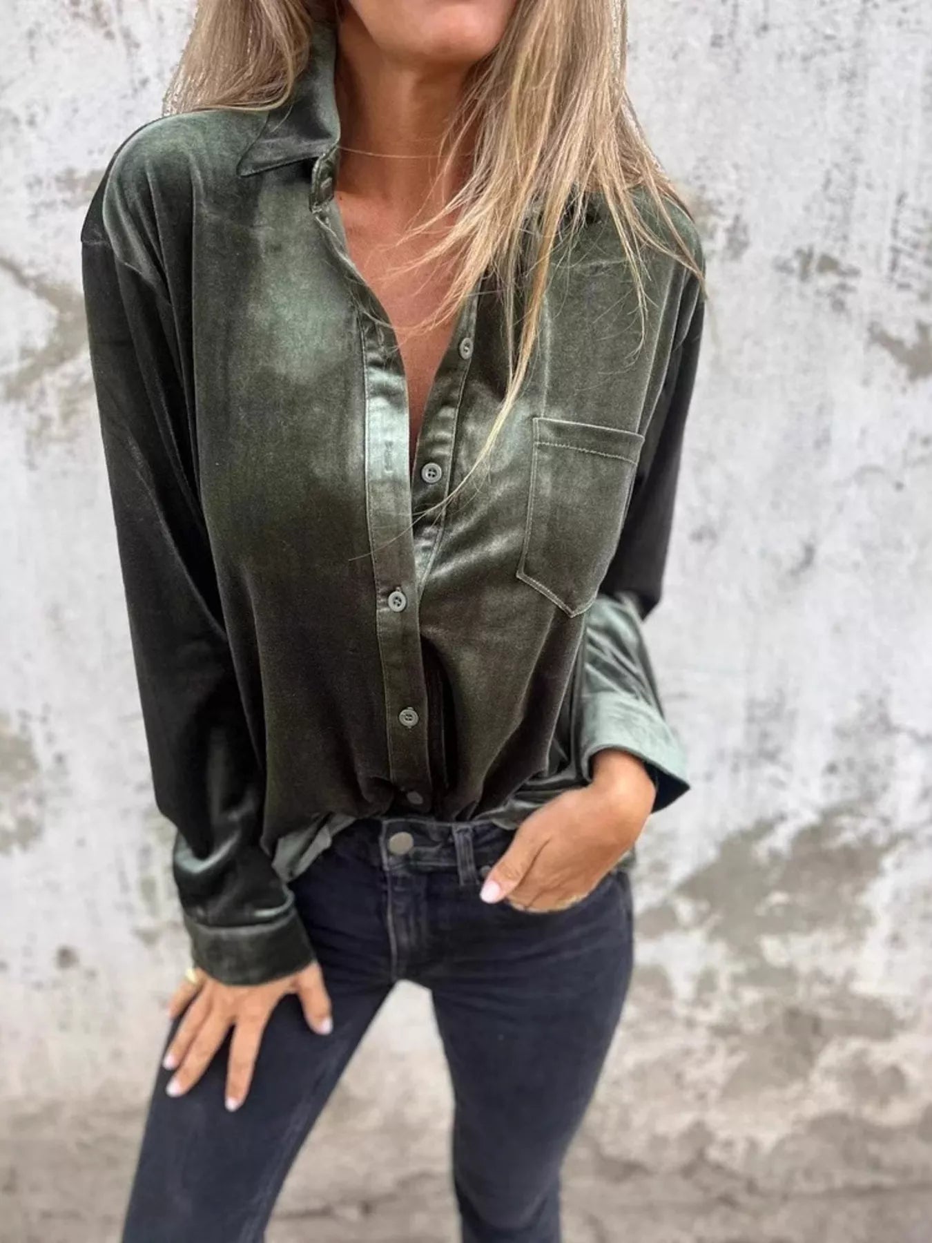 Sarah Express Women's Velvet Button-Up Long Sleeve Shirt Plus Size Army Green