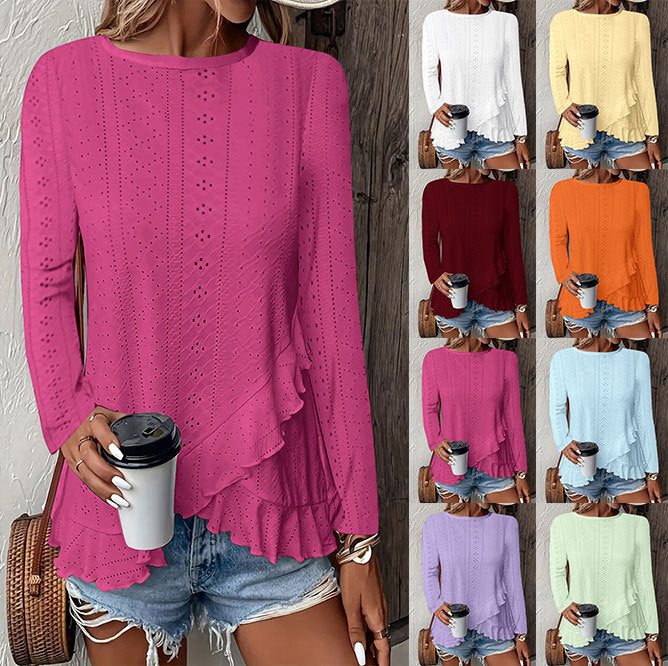 Women's Solid Color Long Sleeve Pullover Top Round Neck Loose Fit